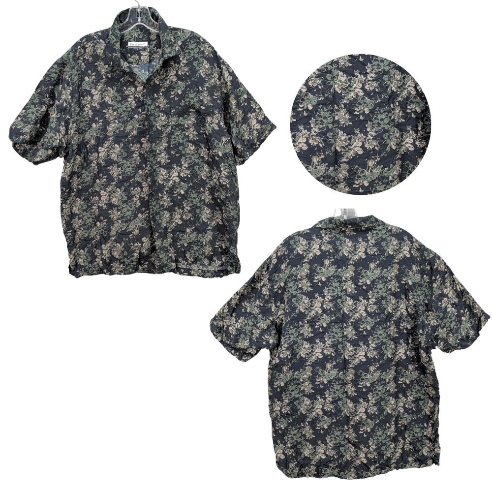Firethorn Silver Button Up Shirt Preppy Casual 100% Silk Black‎ Floral Men's M
